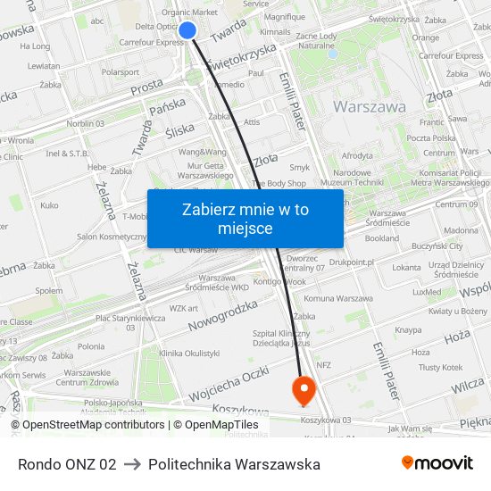 Rondo ONZ 02 to Politechnika Warszawska map