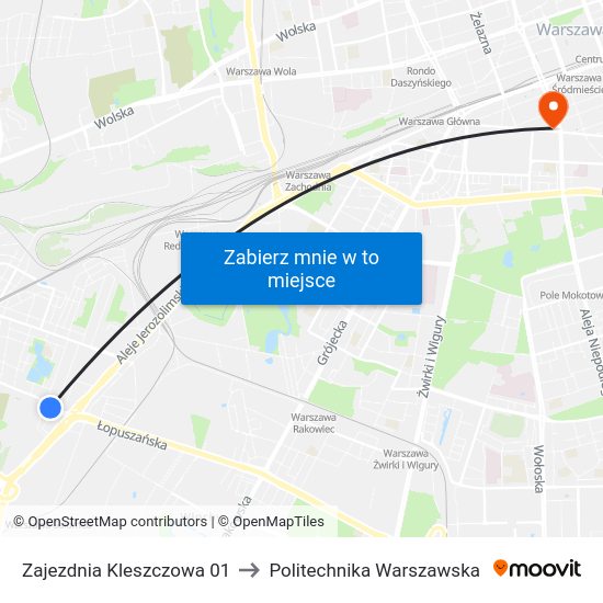 Zajezdnia Kleszczowa to Politechnika Warszawska map