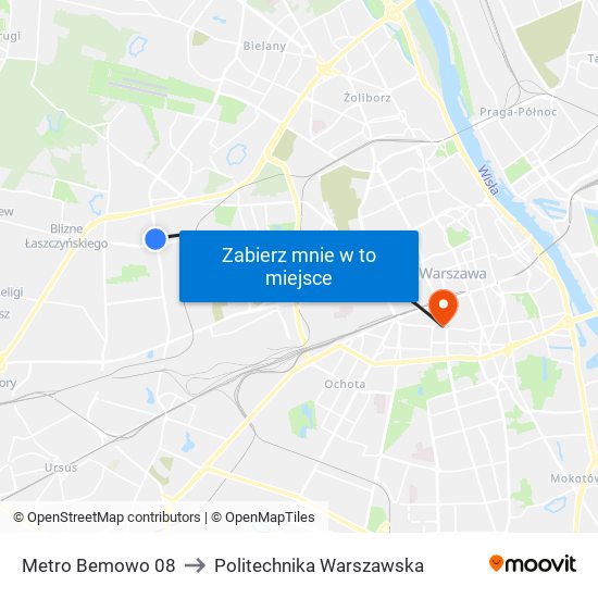 Metro Bemowo 08 to Politechnika Warszawska map