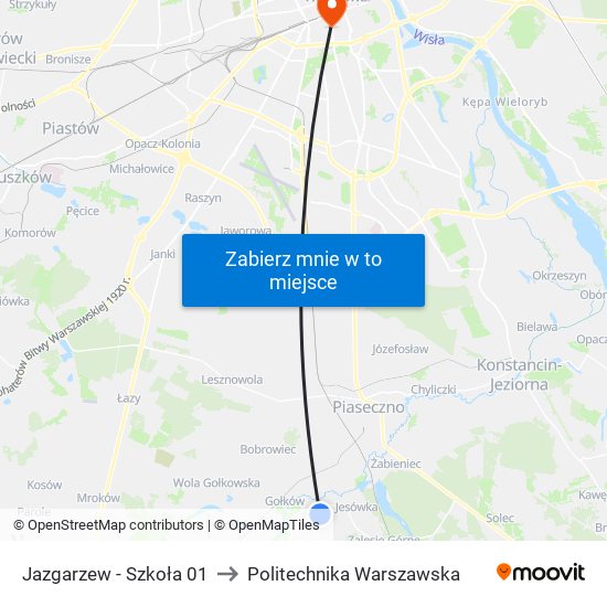 Jazgarzew - Szkoła 01 to Politechnika Warszawska map