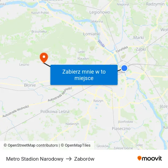 Metro Stadion Narodowy to Zaborów map