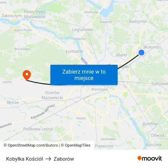 Kobyłka Kościół to Zaborów map