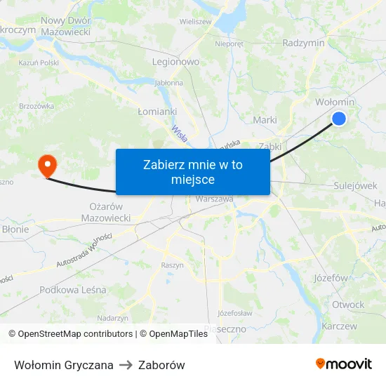 Wołomin Gryczana to Zaborów map