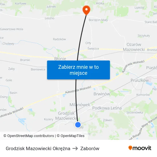 Grodzisk Mazowiecki Okrężna to Zaborów map
