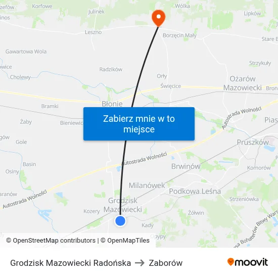Grodzisk Mazowiecki Radońska to Zaborów map