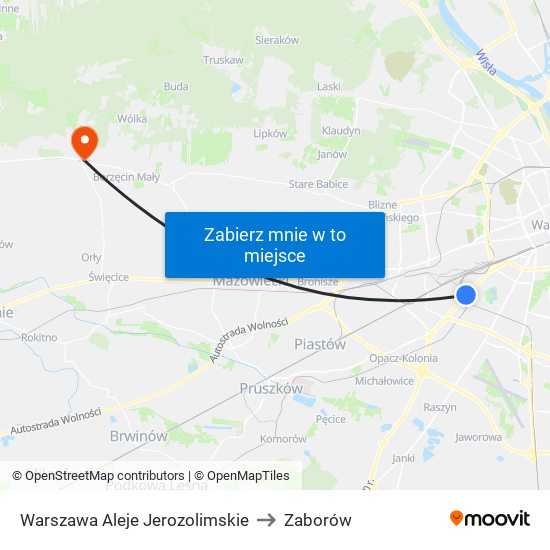 Warszawa Aleje Jerozolimskie to Zaborów map