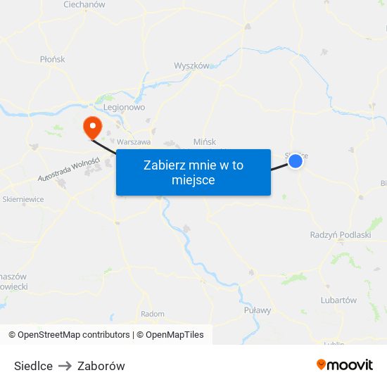 Siedlce to Zaborów map