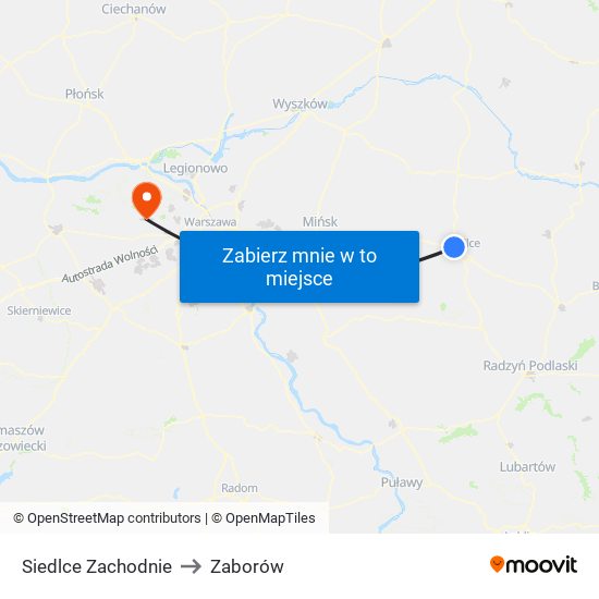 Siedlce Zachodnie to Zaborów map