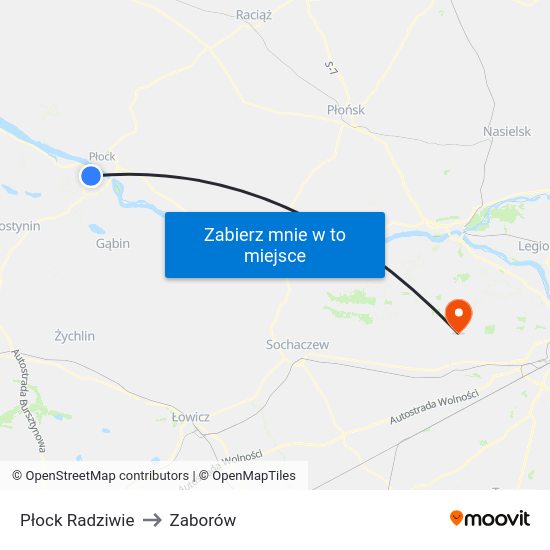 Płock Radziwie to Zaborów map