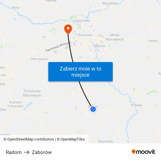 Radom to Zaborów map