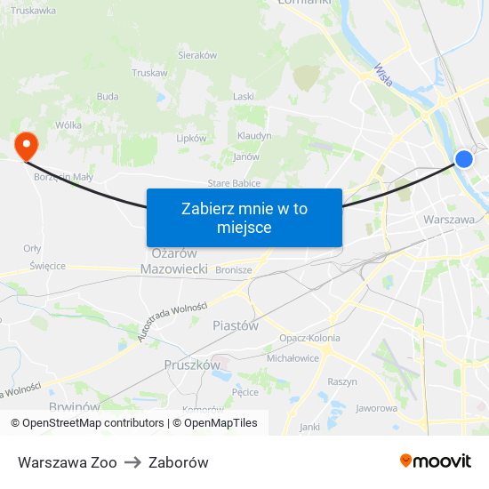 Warszawa Zoo to Zaborów map