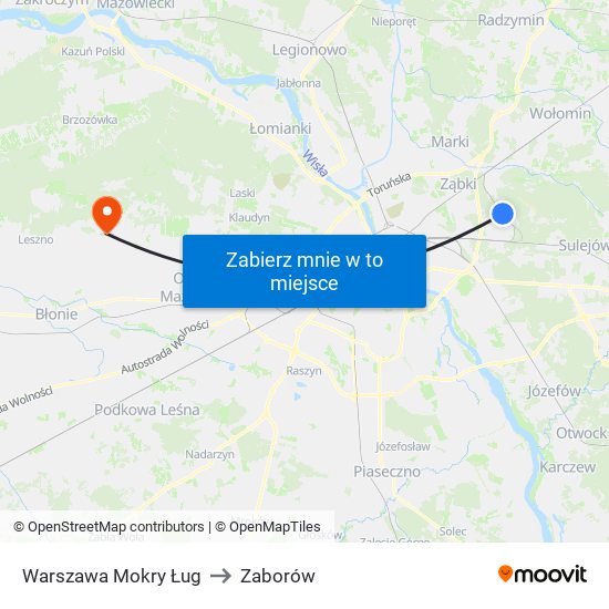 Warszawa Mokry Ług to Zaborów map