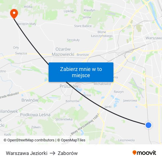 Warszawa Jeziorki to Zaborów map