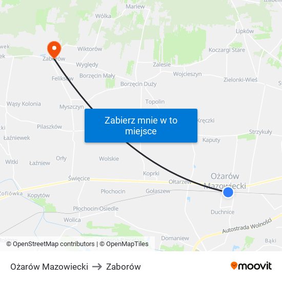 Ożarów Mazowiecki to Zaborów map