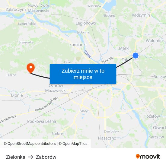 Zielonka to Zaborów map