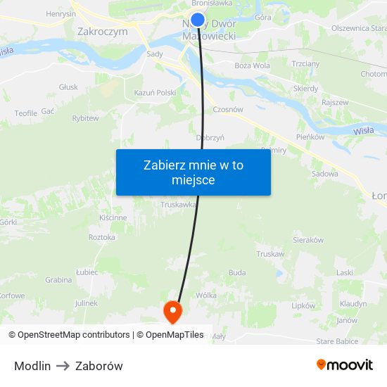 Modlin to Zaborów map