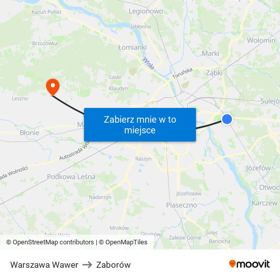 Warszawa Wawer to Zaborów map