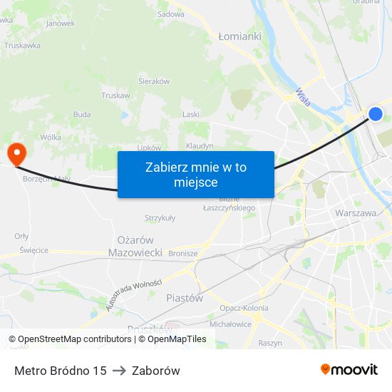 Metro Bródno to Zaborów map