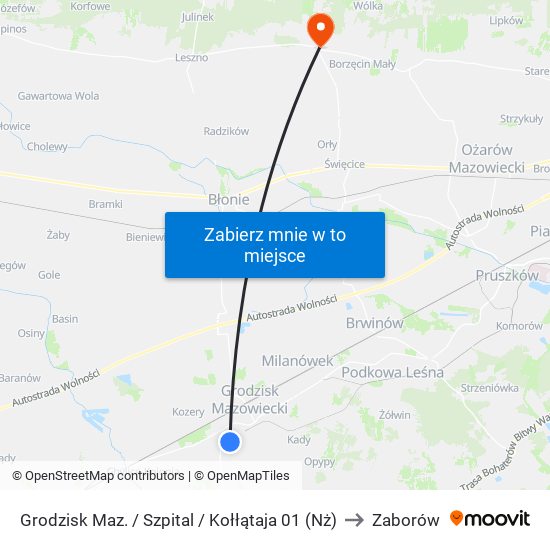 Grodzisk Maz. / Szpital / Kołłątaja (Nż) to Zaborów map