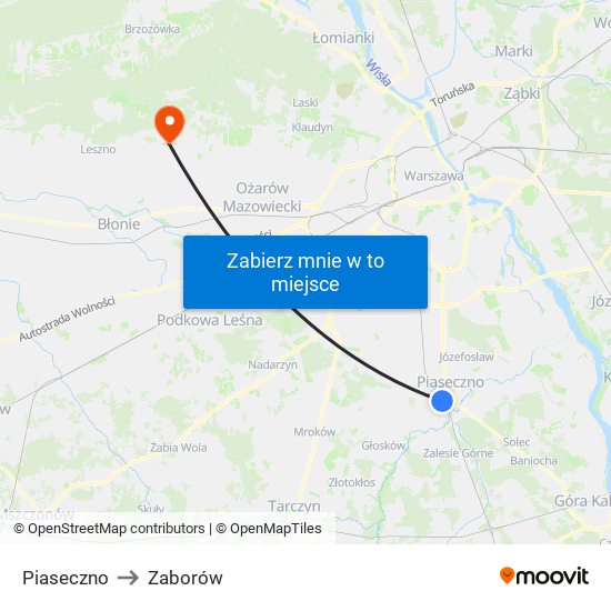 Piaseczno to Zaborów map