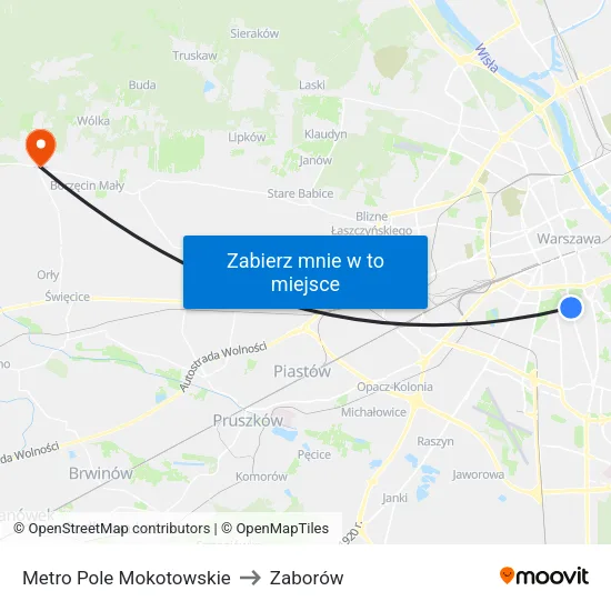 Metro Pole Mokotowskie to Zaborów map