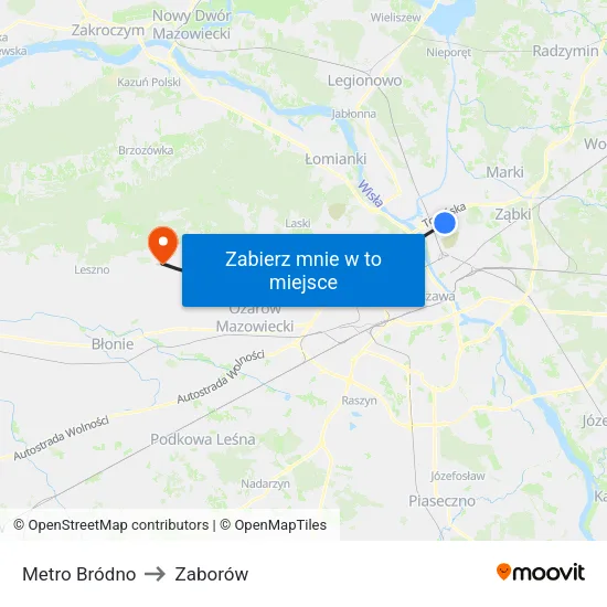Metro Bródno to Zaborów map