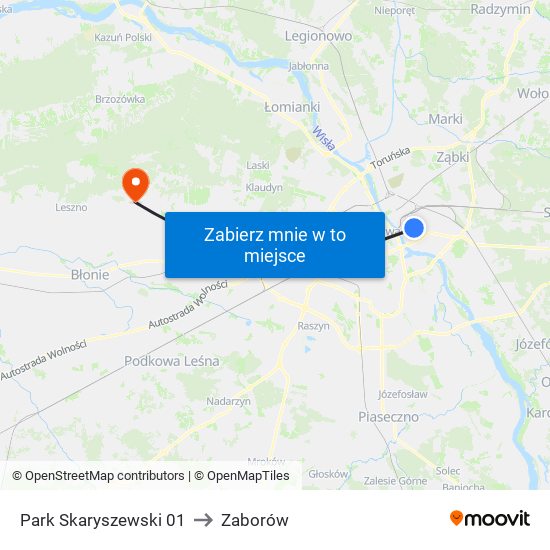 Park Skaryszewski to Zaborów map