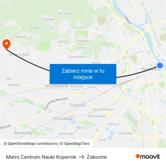 Metro Centrum Nauki Kopernik to Zaborów map