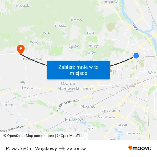 Powązki - Cm. Wojskowy to Zaborów map