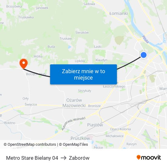 Metro Stare Bielany to Zaborów map