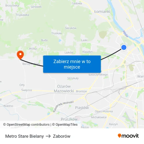 Metro Stare Bielany to Zaborów map
