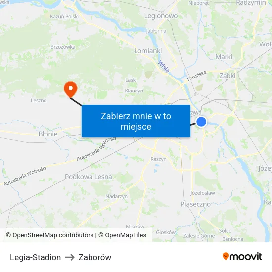Legia - Stadion to Zaborów map