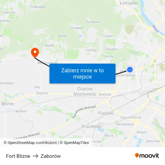Fort Blizne to Zaborów map