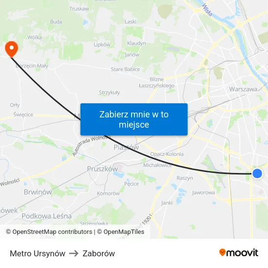 Metro Ursynów to Zaborów map