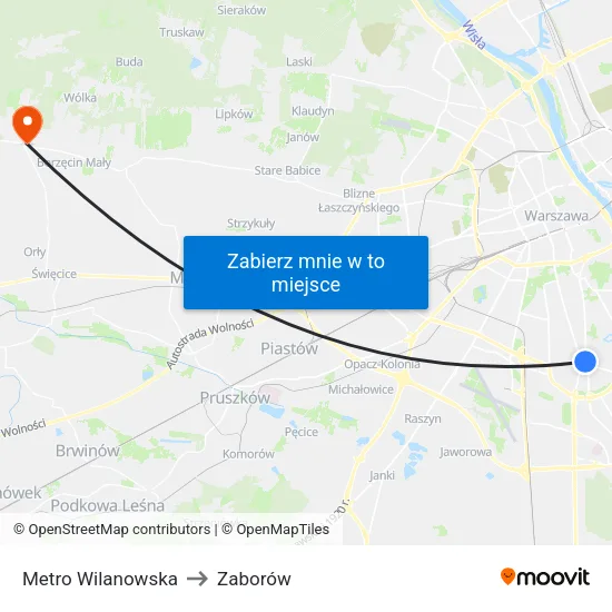 Metro Wilanowska to Zaborów map