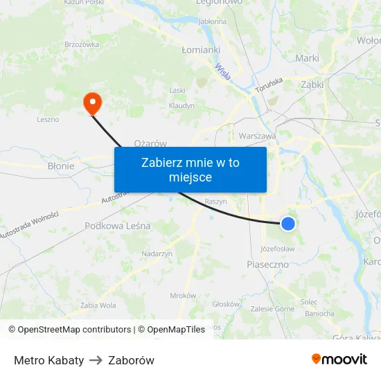 Metro Kabaty to Zaborów map
