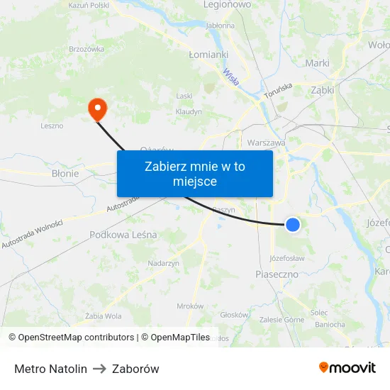 Metro Natolin to Zaborów map