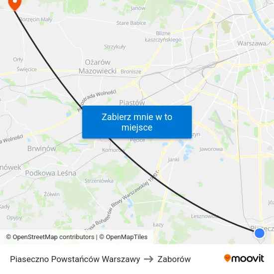 Piaseczno Powstańców Warszawy to Zaborów map