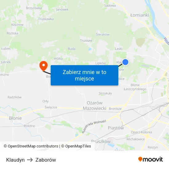 Klaudyn to Zaborów map
