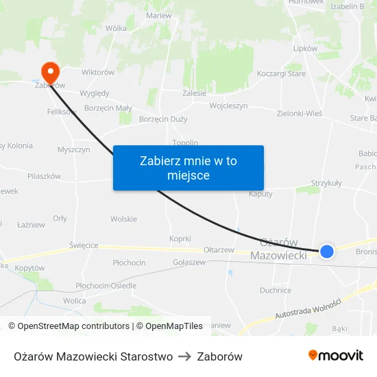 Ożarów Mazowiecki Starostwo to Zaborów map
