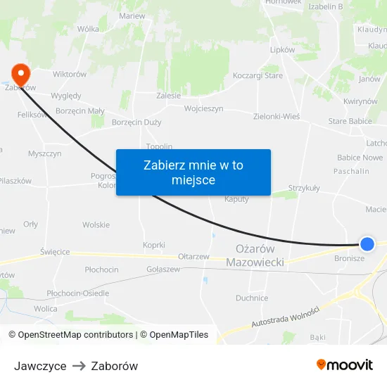 Jawczyce to Zaborów map