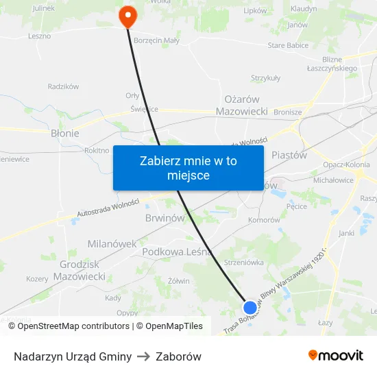 Nadarzyn Urząd Gminy to Zaborów map