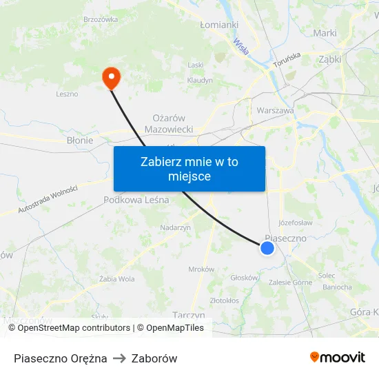 Piaseczno Orężna to Zaborów map