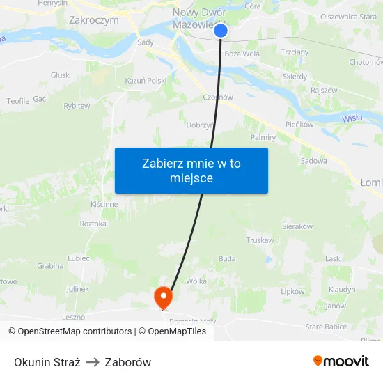 Okunin Straż to Zaborów map