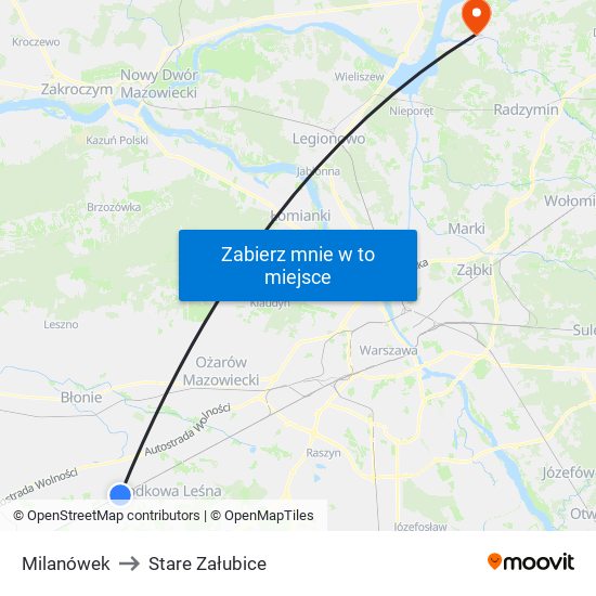 Milanówek to Stare Załubice map