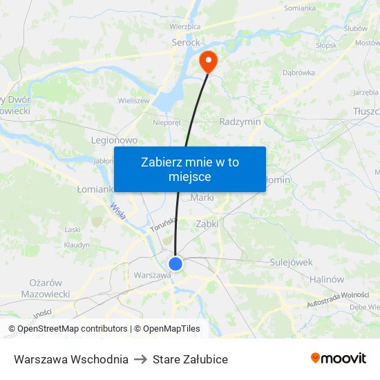 Warszawa Wschodnia to Stare Załubice map