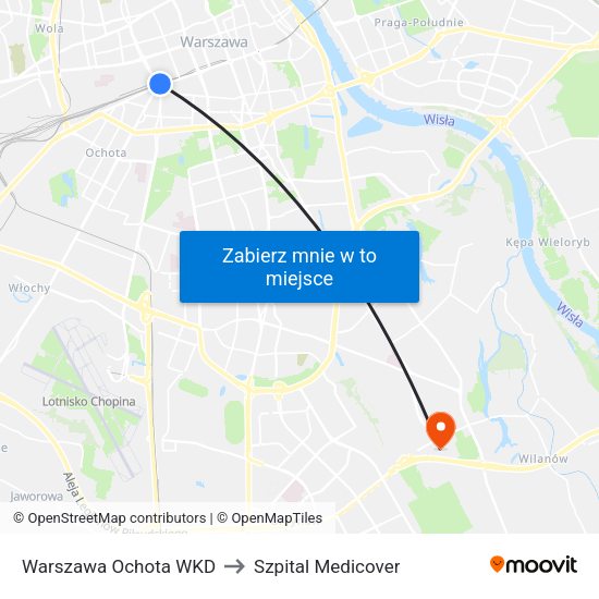 Warszawa Ochota WKD to Szpital Medicover map