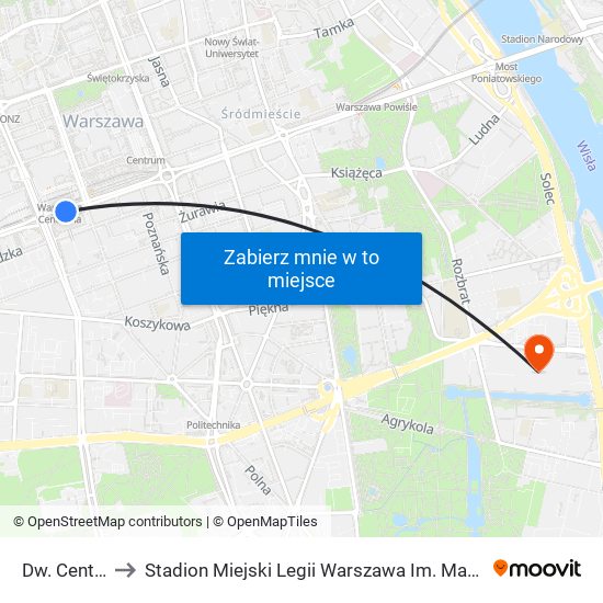 Dw. Centralny to Stadion Miejski Legii Warszawa Im. Marszałka Józefa Piłsudskiego map