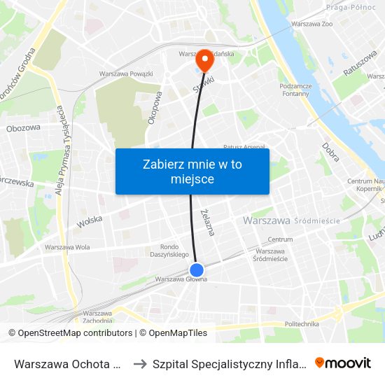 Warszawa Ochota WKD to Szpital Specjalistyczny Inflancka map