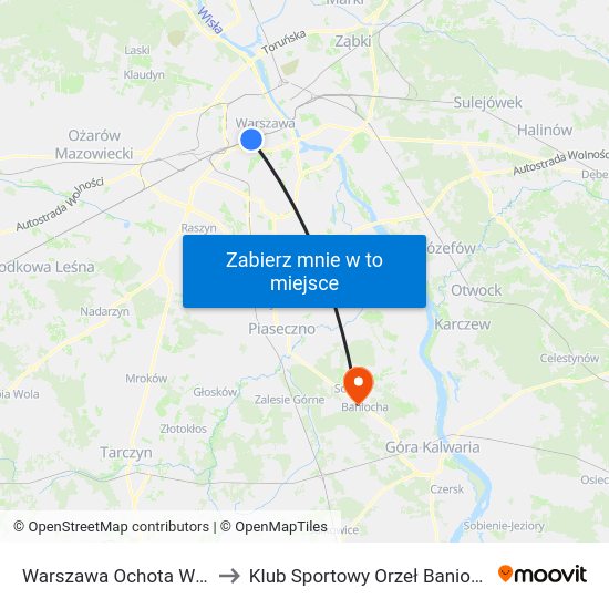 Warszawa Ochota WKD to Klub Sportowy Orzeł Baniocha map